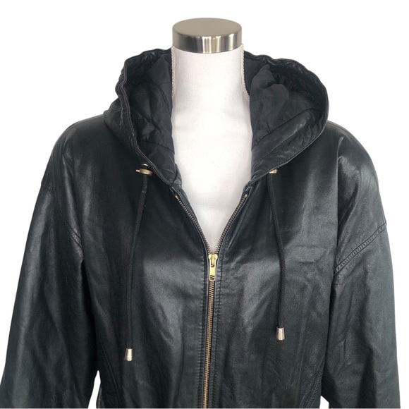 VINTAGE 90s Wilsons Leather Black Leather Hooded Insulated Coat Jacket Medium - Picture 2 of 8